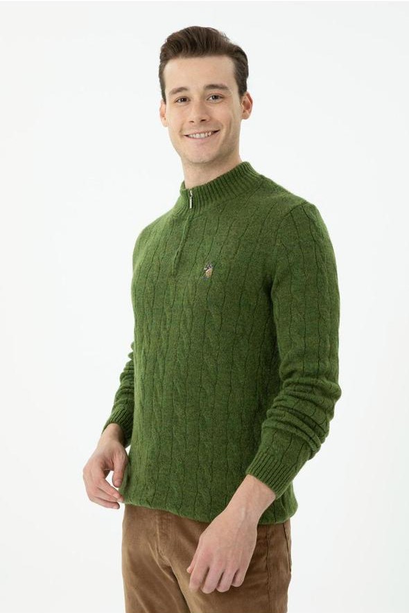 Men’s Cable-Knit Crewneck Sweater – Olive Green