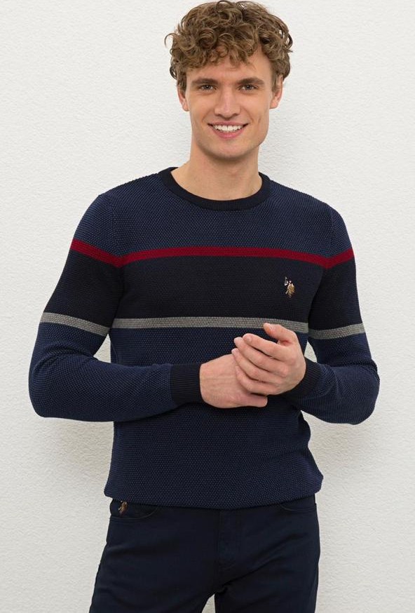 Men’s Striped Crewneck Sweater – Navy & Red